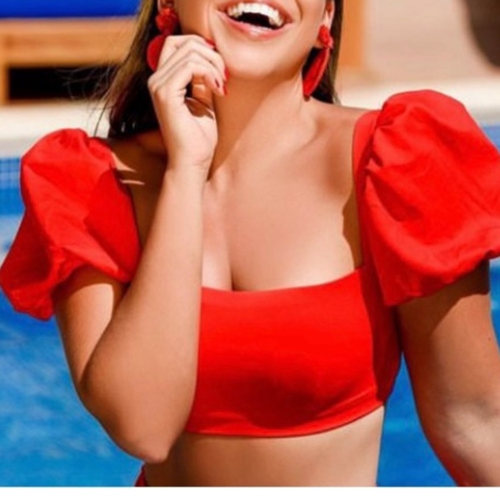 Agua Bendita Red Puff-Sleeve Bikini Top